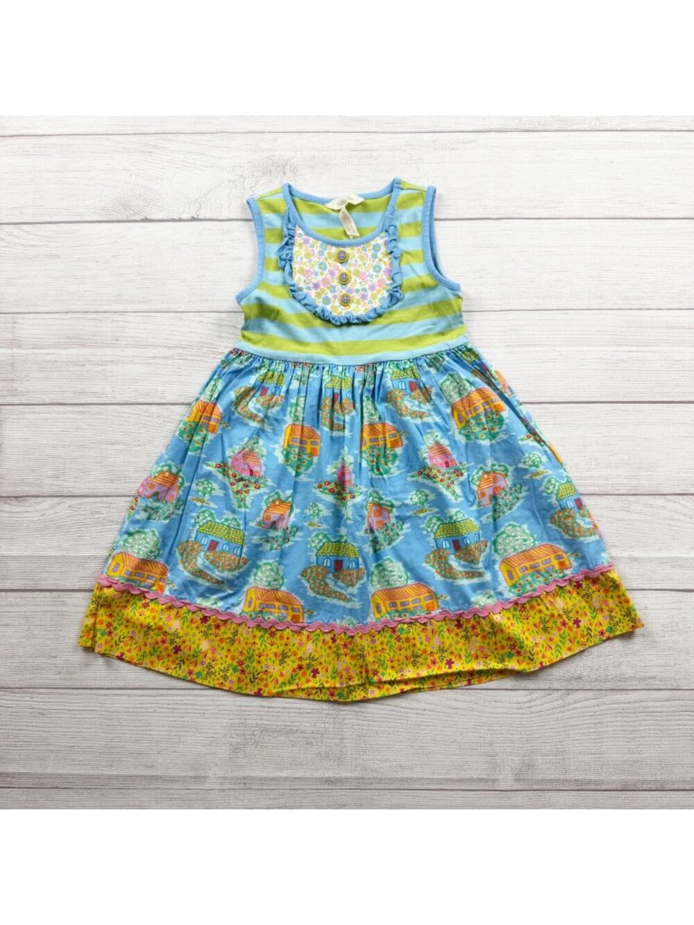 Matilda Jane Girls Sleeveless Dress Blue Green Striped Multicolor Cottage Print
